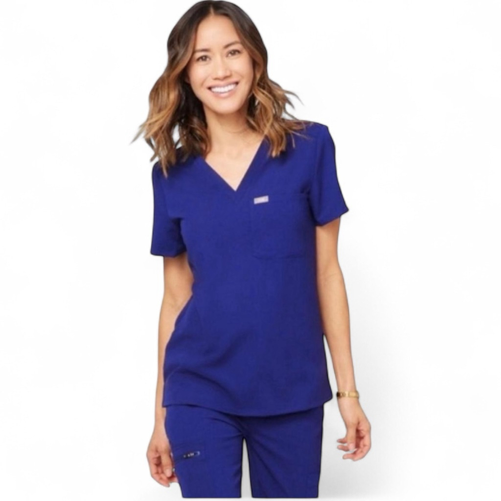 Women's FIGS Blue Short Sleeve V-Neck Scrub Top M